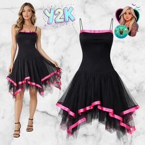 Kiki USA Womens XL Vintage Y2K Black Pink‎ Tulle Drop Waist Handkerchief Dress